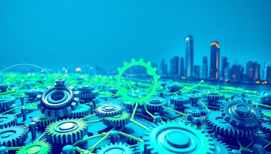 Innovative solutions for strategic management: a digital landscape of interconnected gears, cogs, and circuits, symbolizing the intricate dynamics of effective business planning. Vibrant hues of blue and green convey a sense of forward-thinking and sustainability, while subtle metallic accents lend an air of precision and technological advancement. The foreground features a central abstract shape, perhaps a stylized puzzle piece or algorithm, representing the core of innovative strategic practices. The middle ground showcases a network of interlocking elements, alluding to the complex interplay of data, analytics, and decision-making. In the background, a sleek, minimalist cityscape serves as a backdrop, hinting at the global context in which modern businesses must navigate. Soft, directional lighting casts dynamic shadows, adding depth and a sense of movement to the scene.