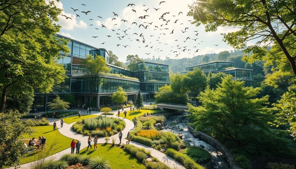 Lush, verdant landscape with a thriving office campus nestled amidst towering trees and flowing streams. Pristine glass-and-steel buildings seamlessly integrated with natural elements, conveying a sense of harmony between nature and modern architecture. Employees strolling through landscaped gardens, collaborating in open-air meeting spaces, and engaging in eco-friendly activities. Sunlight filters through the canopy, casting a warm, inviting glow over the scene. Overhead, a flock of birds soar, symbolizing the boundless potential of a sustainable corporate culture. The scene radiates a palpable sense of environmental stewardship, innovation, and community.