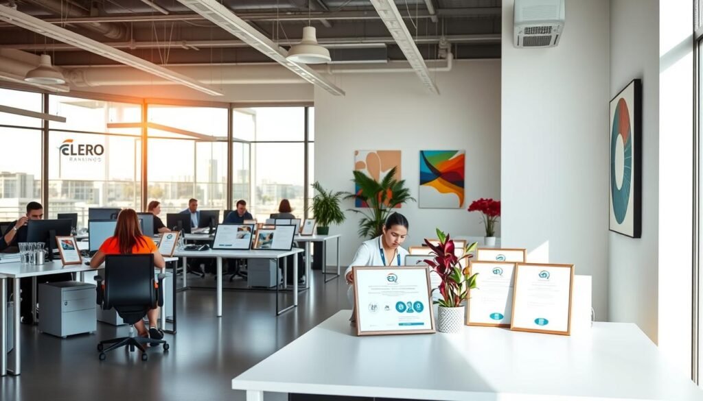 Serene office interior with Portuguese companies showcasing their Euro Rankings certifications and continuous improvement initiatives. Warm, natural lighting filters through large windows, illuminating a modern, minimalist workspace. Sleek, understated desks display award plaques and framed certificates, while staff members review progress reports and discuss strategies. Vibrant potted plants and abstract artworks add pops of color, reflecting the productive, innovative atmosphere. The overall scene conveys a sense of professionalism, achievement, and a steadfast commitment to excellence.